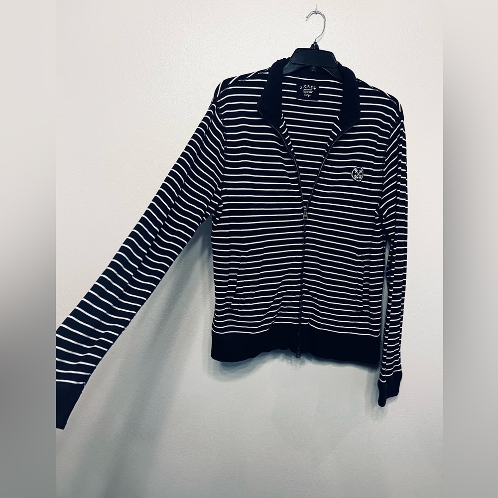 J. Crew Mens Large Navy and White Striped Cotton Full Zip Jacket Nautical Yacht - Picture 2 of 6